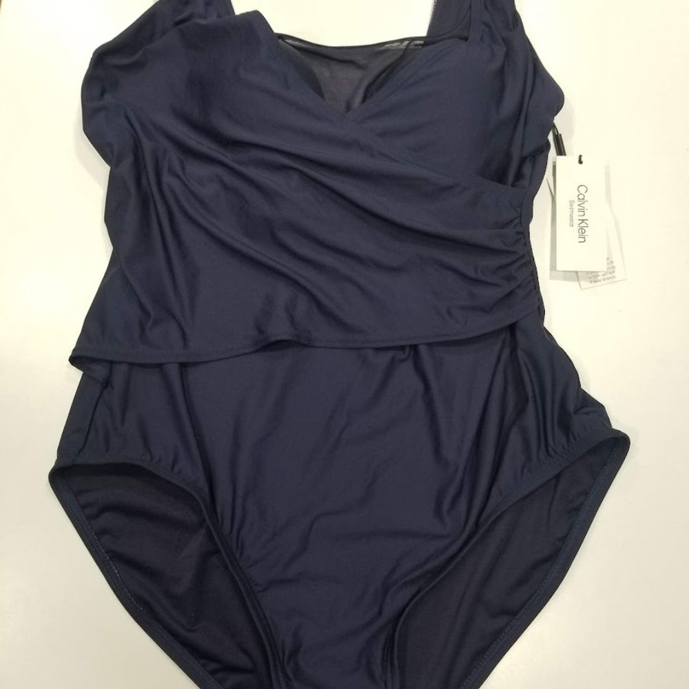 Calvin Klein Mesh Surplice Tummy Control One Piece Swimsuit Navy - Picture 5 of 13